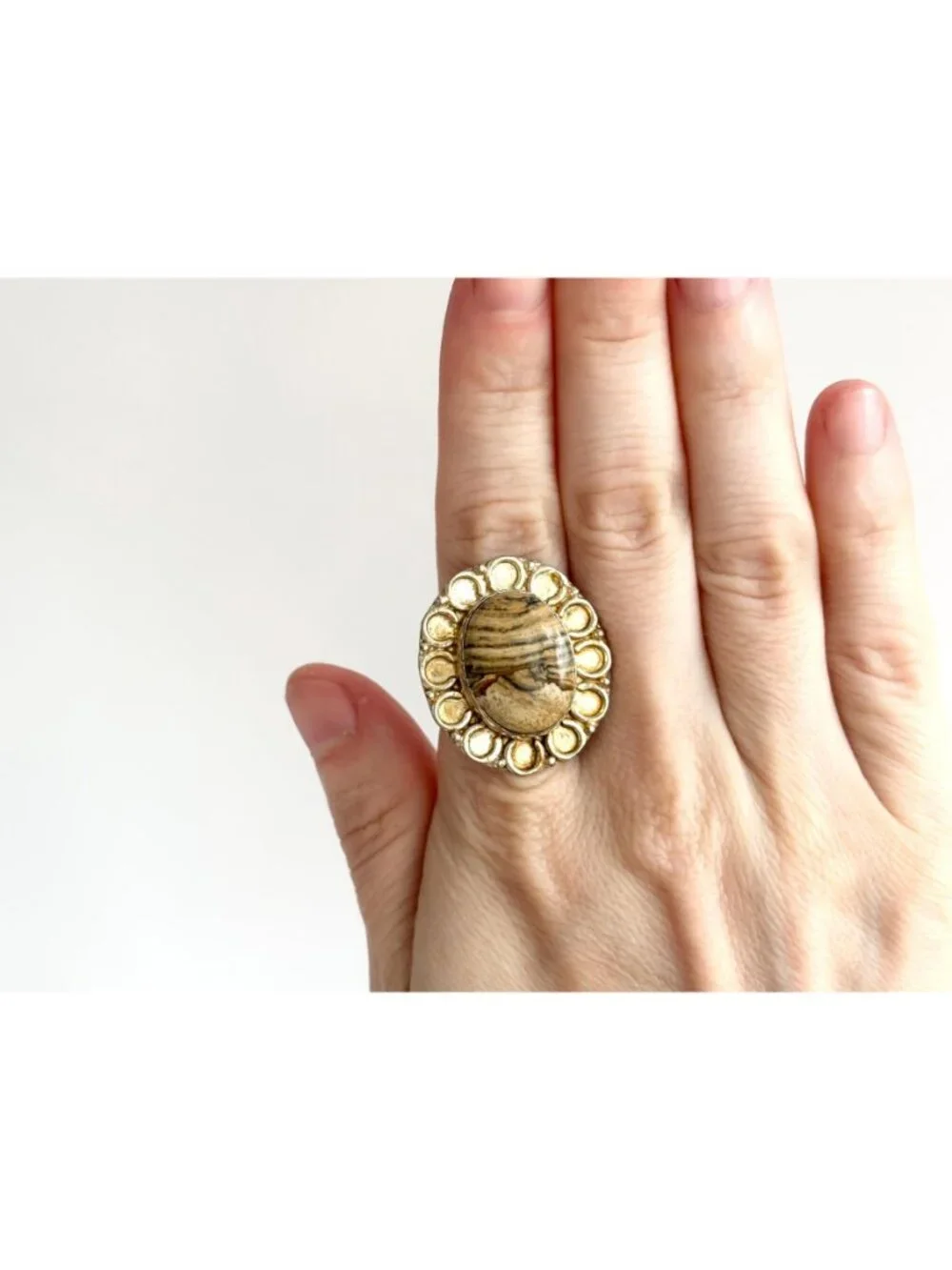 Banded Brown Agate Cabochon Scalloped Sterling Silver 925 Vintage Ring - sz 9